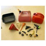 Gas Cans, Funnels, Spouts and Drain Pan Lot