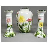 Ceramic Vase and Candlestick Pair Floral Motif
