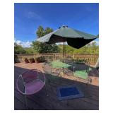 Green Metal Patio Set With Umbrella, Pink Chair