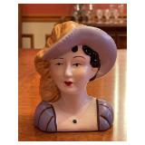Vintage Unmarked Hand Painted Ceramic Bust of Victorian Lady with Feathered Hat…..6” tall
