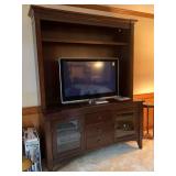 Gorgeous Hooker Furniture mahogany home entertainment center with beveled glass doors, 3 drawers (top has drop down front)……65 x 22-1/2 x 86 tall and is 2 pieces for transport