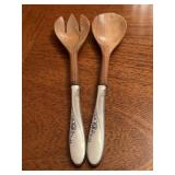 Pair of Easterling Rose Spray Sterling Handled and teal wood salad servers