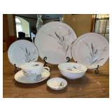 (4) 7-piece place setting of Easterling Ceres China with platinum rim….4 dinner plates, 4 salad plates, 4 dessert plates, 4 fruit bowls, 4 cups/saucers and 4 salt trays