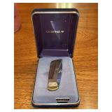 OC TANNER Gerber Portland, OR 97223 Lock Back Folding Knife with 10K gold emblem and clear stone….brass handle and original velvet case