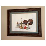 Signed Ina Burnett (1969) still musical oil on canvas print depicting violin, rose, quill pen, sheet music and candle…..31 x 25