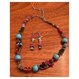 Turquoise and other mixed stone necklace with matching dangle stone earrings