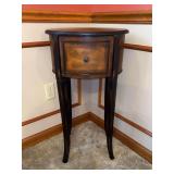 Regency-style mahogany and oval wood side table with single drawer…..16-1/2 x 13 x 30 tall