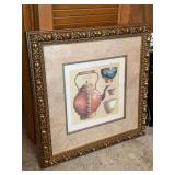 Beautifully framed and matted Asian print of teapot and cups…..Lung Ching ‘Puits du dragon’…..signed L. David…..21-1/2 square