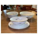 (4) accessory pieces of Easterling Ceres China with platinum rim…..gravy boat with attached under tray, veggie bowl and (2) soup bowls
