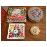 (4) vintage various size and design tins…..round has tapestry appearance