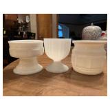 (2) vintage Randall Milk Glass square pattern design vases and (1) ribbed milk glass goblets-style vase/candy dish