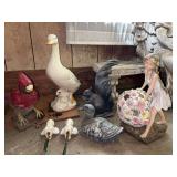 Grouping of decorative yard art…..ITEMS IN BACKGROUND NOT INCLUDED….cardinal is painted concrete and others are ceramic and resin