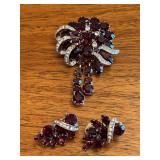 Vintage Vasari Purple and Clear Rhinestone pendant and matching clip-on earrings