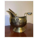 Miniature brass ash bucket with porcelain handle and lion’s head accents…..8” tall
