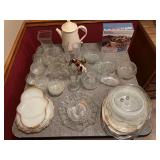 Table full of clear glass pieces…..serving pieces, candlesticks, divided servers and much more