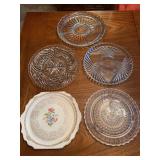 Grouping of 4 clear glass and 1 China serving platters