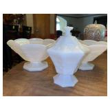 3-piece set of Vintage Anchor Hocking Milk Glass Grape Leaf Pattern pieces…..each fruit bowl is 9”D x 5-1/4” tall…..lidded candy dish is 8” tall