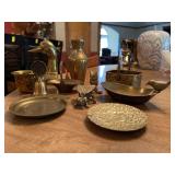 Grouping of brass trinket trays, (1) duck head bookend, basket and more