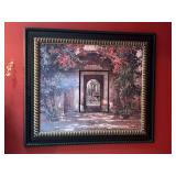 Beautifully framed oil on board garden and fountain scene print….approx. 52-1/2 x 45-1/2