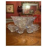 Vintage Round Pressed Glass Daisy Motif Punch Bowl Set With 23 Handled Cups