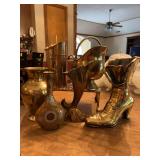 Grouping of brass home decor…..urn, brass enamel bud vase, boot, small ash bucket, small display stand and more