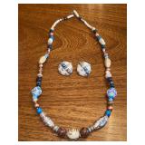 Colorful wood bead necklace with matching clip-on earrings