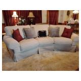 Clayton Marcus curved back sofa with tweed-like upholstery...103w x 20" deep x 30 tall... measurements are based on the curve of the sofa