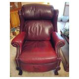 Bradington-Young maroon/red leather manual recliner with ball & claw front feet...33 1/2w x 20 deep x 42 tall...does show wear but lots of life left
