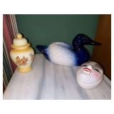 Grouping of 7 very nice high glaze ceramic pieces….blue/white duck is 12 long x 5-1/2 tall, lidded ginger jar is 6” tall and lidded mask trinket box is 3” tall…..see all pics - more items adde