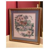 Very nice framed cross stitched and embroidered “Heart Cottage” design….19-3/4 x 21