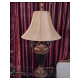 Very nice resin urn-style lamp with silk like tan shade and pineapple finial...30-1/2 tall