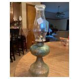 Vintage hand painted oil lamp with new Anchor Hocking hurricane shade…..design is peeling…..18–/4” tall