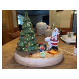 Adorable lighted Christmas scene with ceramic tree…..Santa, the train and teddy bear need glued back to base…..lights on tree blink