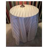 20” round wood side table with very nice custom cream color cover…..LAMP NOT INCLUDED