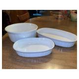 (3) Corning Ware French White ribbed oval and round serving pieces…..F-15, 1 liter and ￼1.6 liter