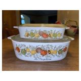 (2) Vintage Corning Ware Spice of Life lidded casserole dishes…..La Marjolaine and L’Echalote (1 qt.)….lid on larger is cracked around inner rim