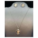 Pair of post-back earrings pair and matching necklace (chain is sterling) made from cut-out Mercury Dimes….needs cleaned