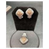 Gorgeous set of silver-toned lever back earrings and a matching pendant with pavé-set orange or brown stones