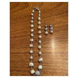 Vintage brushed gold tone heavy beaded necklace with rhinestone orb….comes with matching post-back earrings