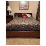 MCM American brand full size bed with mahogany bookcase headboard, mahogany footboard andALL linens (including firm mattresses)