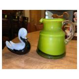 Vintage hand blown Murano glass swan and Vintage Green Opaque Cased Art Glass Blown Glass Pitcher