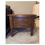 Very nice MCM wooden end table with intricately carved top, glass overlay and single drawer…..22-1/4 x 27-3/4 x 19-1/2 tall