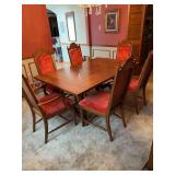 Vintage Sears MCM solid wood dining table with (6) MCM Hibriten Furniture chairs…..1 captains chair and 5 side chairs….also comes with 1 leaf and felt-back cover…..leaf is 18”w