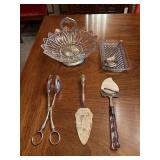 Grouping of clear glass, crystal, silverplate and stainless serving bowls and utensils….salad set is by IS, cake server is monogrammed, cheese plane is by Mirage and Cranberry set is Sheffield