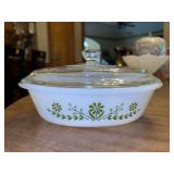 Vintage Glasbake 1 Quart Lidded Oval Casserole Dish with Green Daisy Pattern
