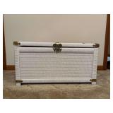 Vintage wood and white wicker trunk with brass accents…..32 x 18 x 16-1/2