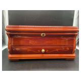 Absolutely stunning cherry wood inlaid lacquered jewelry chest with mirrored top, removable tray and single drawer….all insides are microfiber-like lined…..15w x 11 deep x 7-1/2 tall