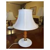 Vintage hobnail milk glass and wood base lamp with flared shade and brass finial…..14-1/4 tall