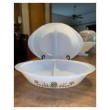 (2) vintage GLASBAKE divided serving pieces…..one is solid white and one has Green Daisy Pattern…..12 x 8-1/2 x 2-1/4 tall