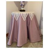Wooden tri-pod table with custom mauve colored cover and hand crafted overlay…..20”D x 25” tall